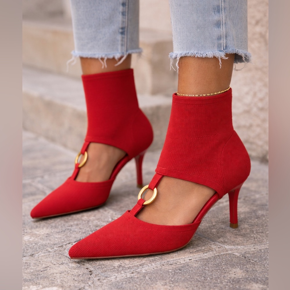 Chic Red Knit Ankle Slip on Heels